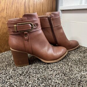 Brown Leather Heeled Boots with Buckle Detail